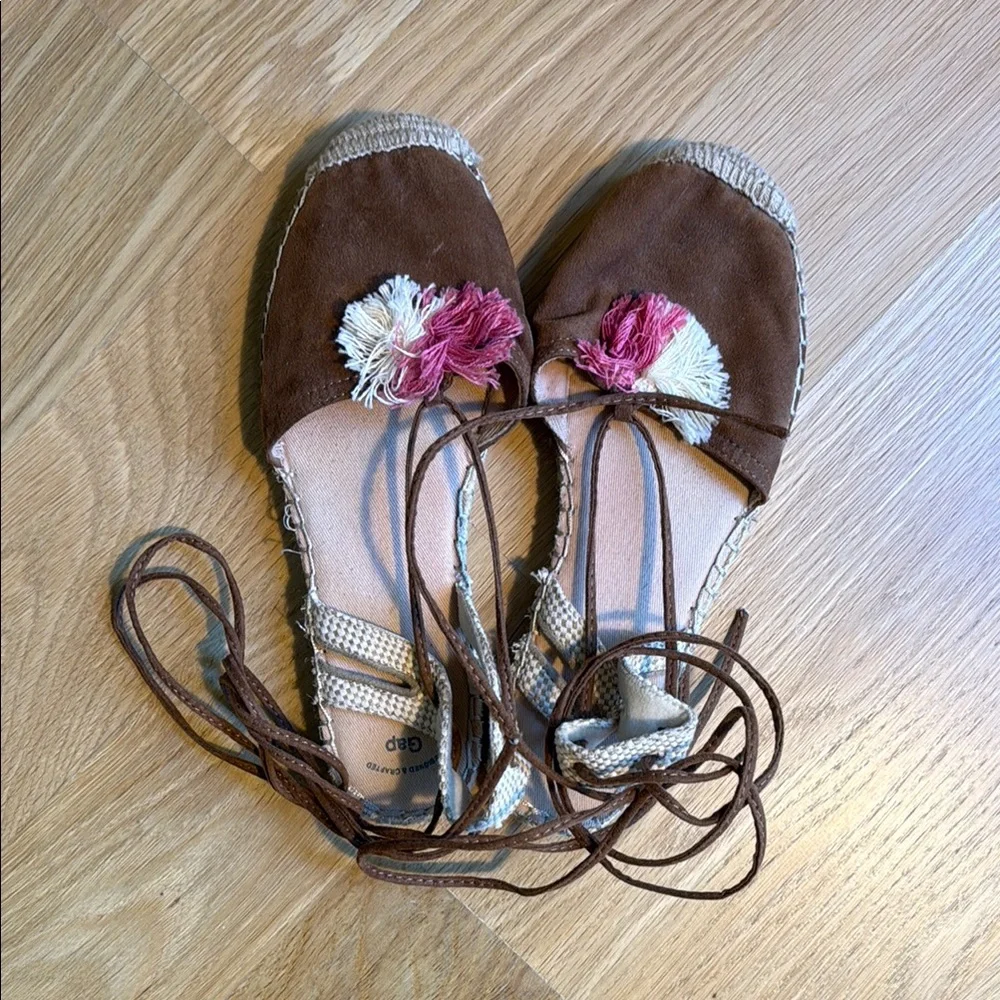 GAP Brown Suede Espadrilles with Pink & Cream Poms